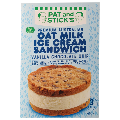 Pat and Sticks Ice cream Sandwich Vanilla Choc Chip 